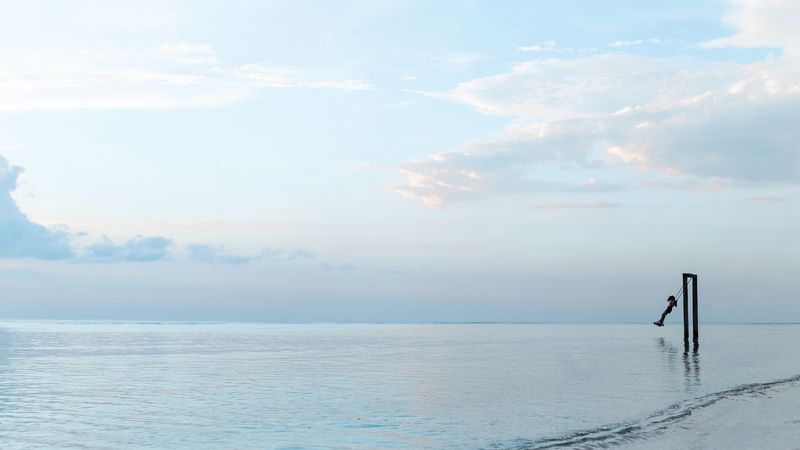 swing, sea, horizon, minimalism, 4k