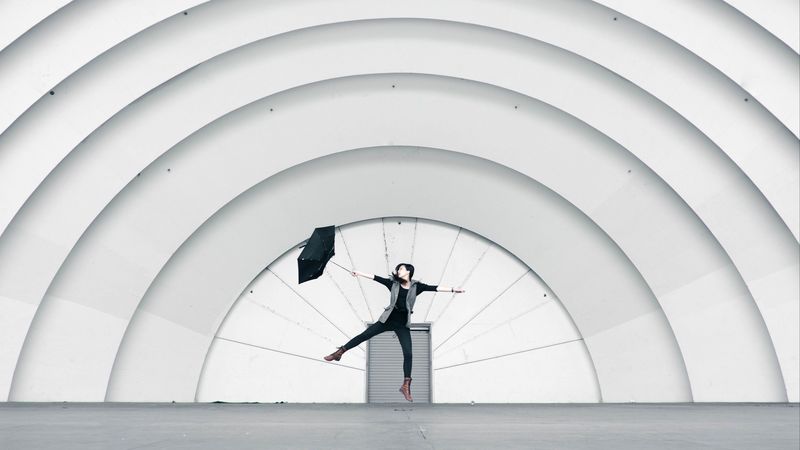 girl, umbrella, building, minimalism, jump, 4k
