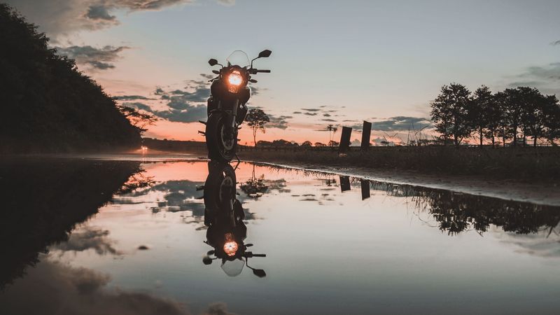 motorcycle, sunset, reflection, water, sky, 4k