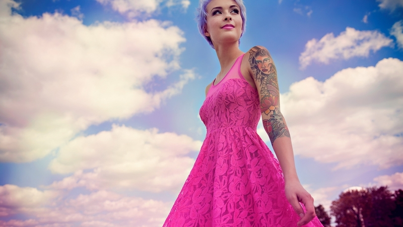 dress, cloud, model, tattoo, sky, woman, kara mcgnarley, girl, white, pink, blue