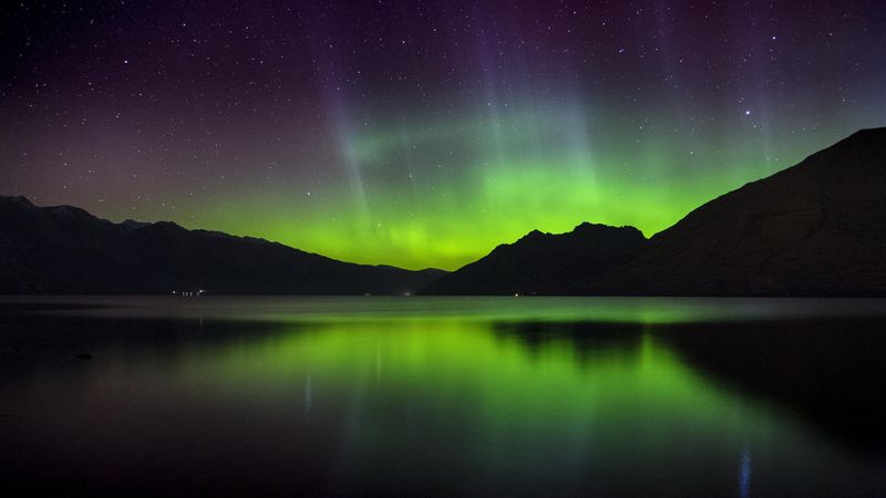 northern lights, aurora, mountains, sunset, lake, new zealand, 4k