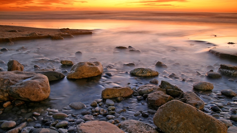 rocks, ocean, beautiful, sunset, sky, clouds, sea, beach, stones, water, peaceful, beauty, nature
