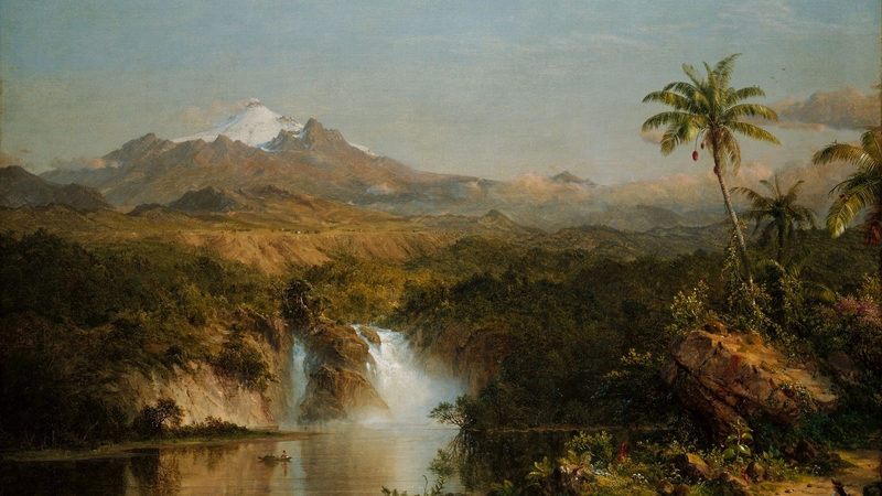 art, frederic edwin church, luminos, painting, waterfall, pictura, view of cotopaxi, palm tree