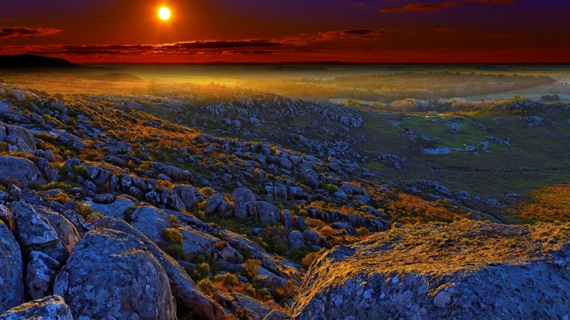 sun, stones, sunset, fog, valley