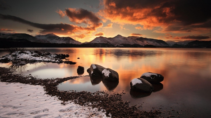 shore, rock, sky, clouds, lake, sea, beach, mountain, snow, nature