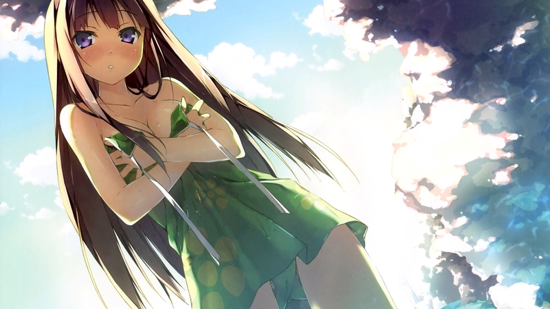 cute, girl, long hair, sky, green dress