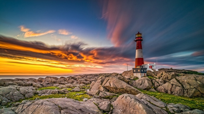 lighthouses, sky, clouds, landscapes, rocks, norway, sunsets, nature
