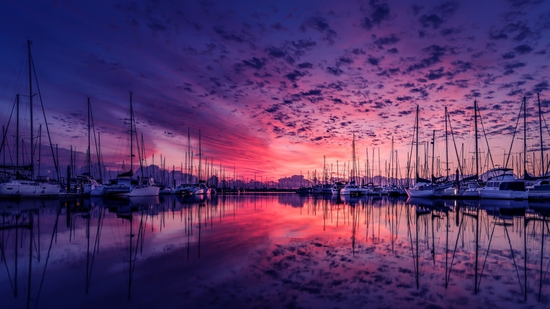 boats, dock, dusk, reflection, clouds, pink, sky, nature