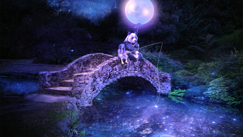 stars, girl, bridge, bear, river, child, light, night