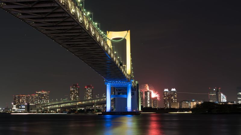 bridge, night city, bay, tokyo, japan, 4k