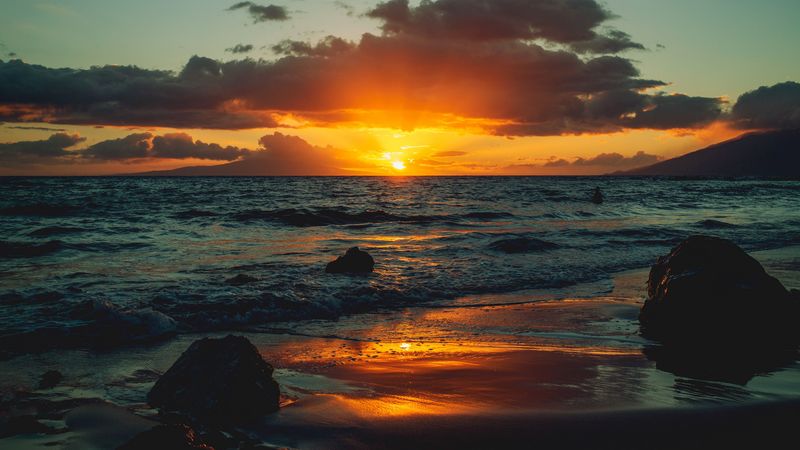 ocean, surf, sunset, coast, horizon, 4k