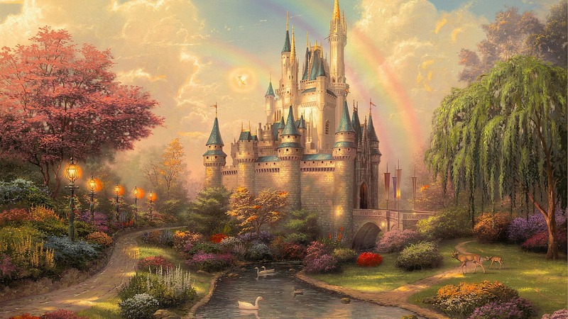 fantasy, rainbow, trees, castle