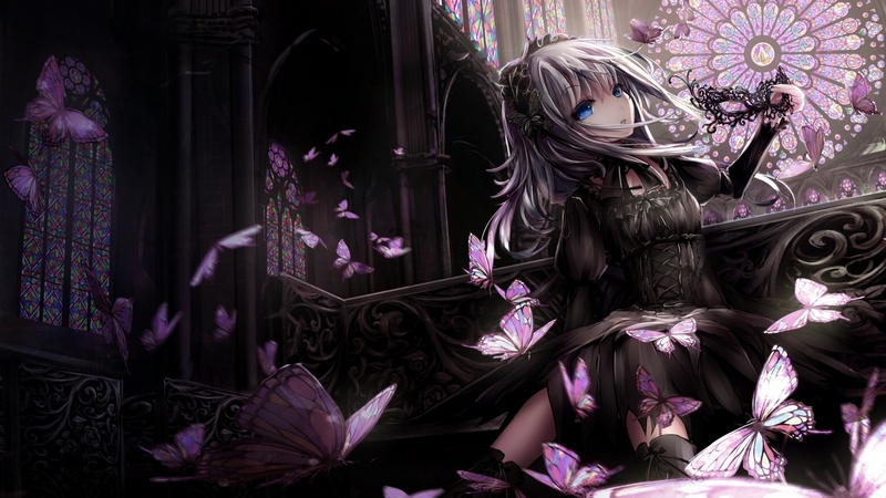 butterfly, girl, anime, black, manga, pink, missle228