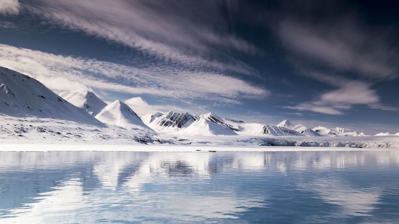 mountains, snow, lake, iceberg, svalbard, 4k