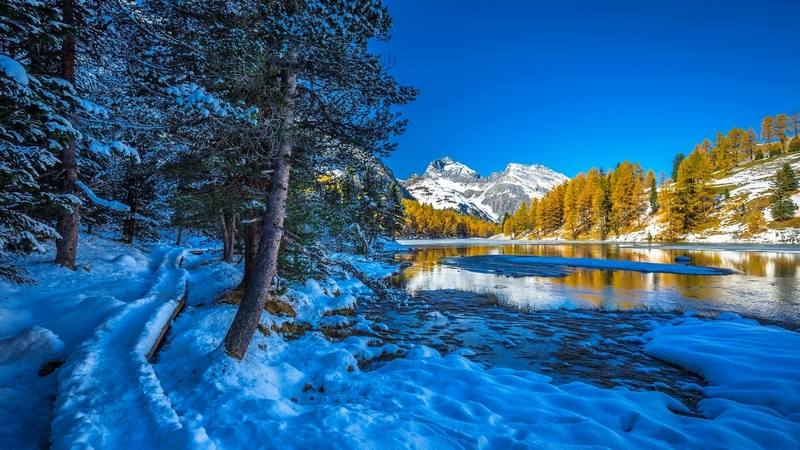 hills, rocks, beautiful, trees, lake, winter, mountain, snow, reflection, frost