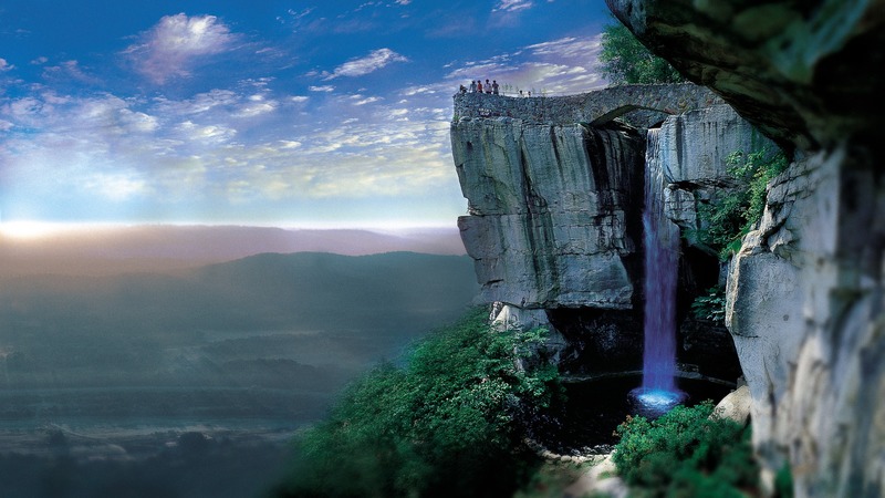view, beautiful, site, trees, sky, clouds, pool, valley, paradise, mountains, gaze, nature, water falls, god, tranquility