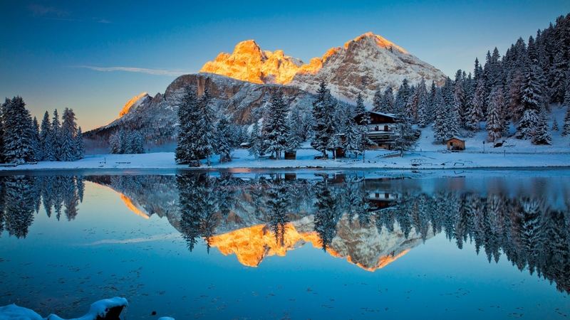 mountains, trees, cabins, lakes, snow, reflections, nature, winter