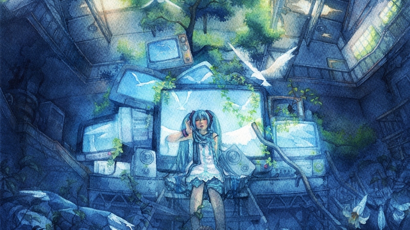 pretty, hatsune miku, beautiful, nice, green, anime, twintal, bired, beauty, stage, vocaloids, blue, vocaloid, skirt, miku, television, tv, cute, tree, hatsune, cool, awesome