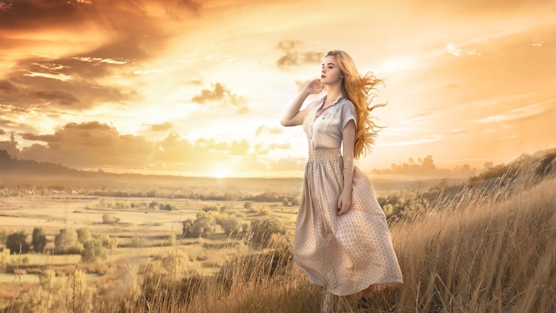 cowgirl, girl, model, wind, beauty, blonde, woman, field