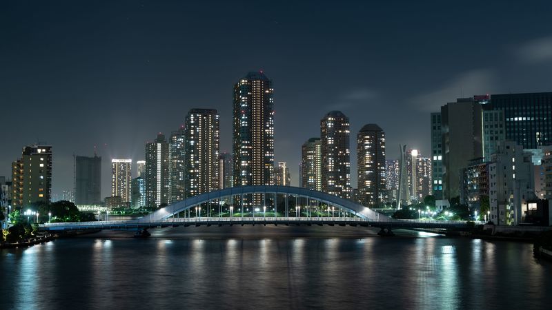 skyscrapers, bridge, night city, river, tokyo, japan, 4k