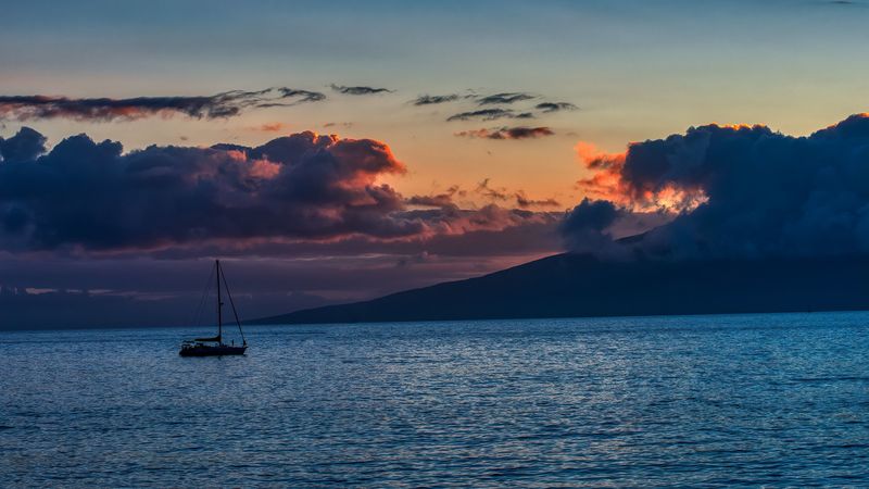 boat, sea, horizon, sunset, 4k