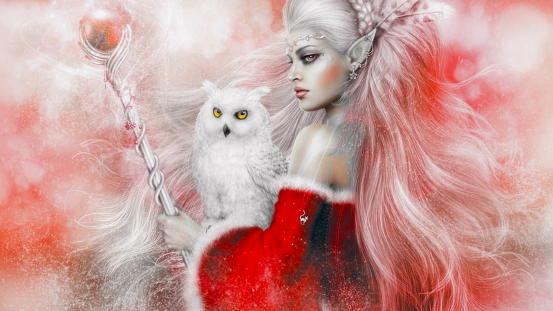 red, owl, pretty, art, beautiful, woman, fantasy, girl, digital, long hair