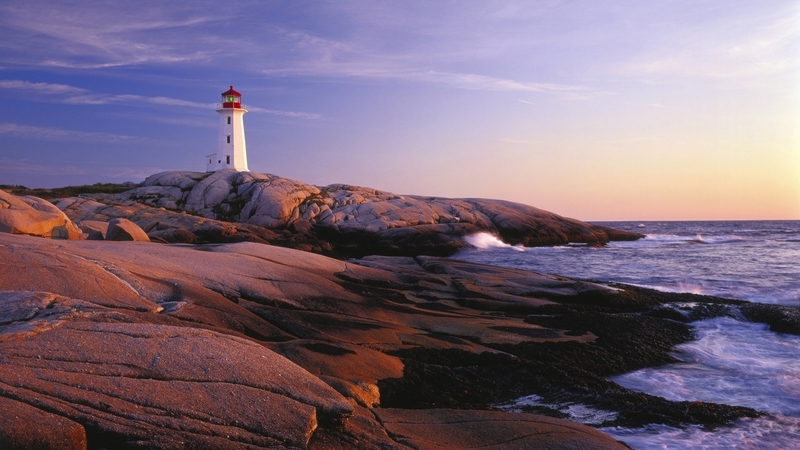 rocks, sunset, shore, lighthouse
