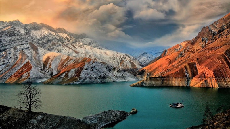 mountains, sky, clouds, lakes, boats, nature