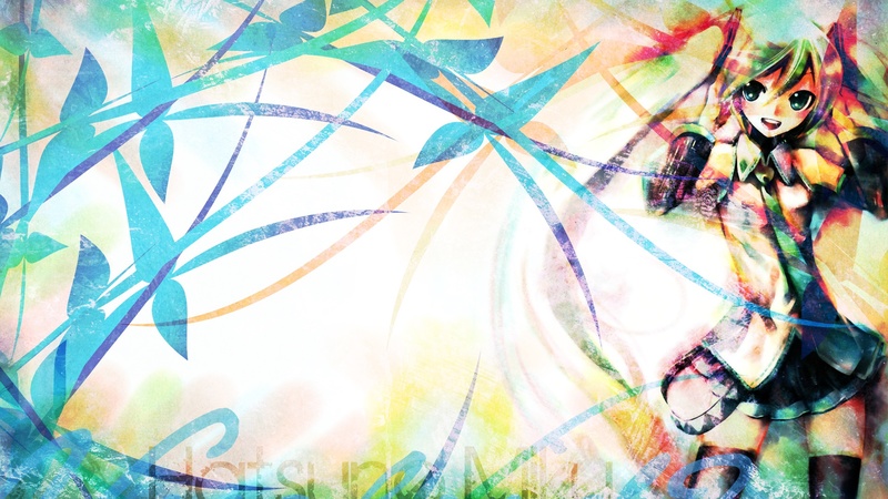 pretty, colorful, hatsune miku, headphones, beautiful, rainbow, thighhighs, anime, vocaloids, blue eyes, blue, vocaloid, twintail, colors, skirt, miku, headset, cute, hatsune, girl, blue hair