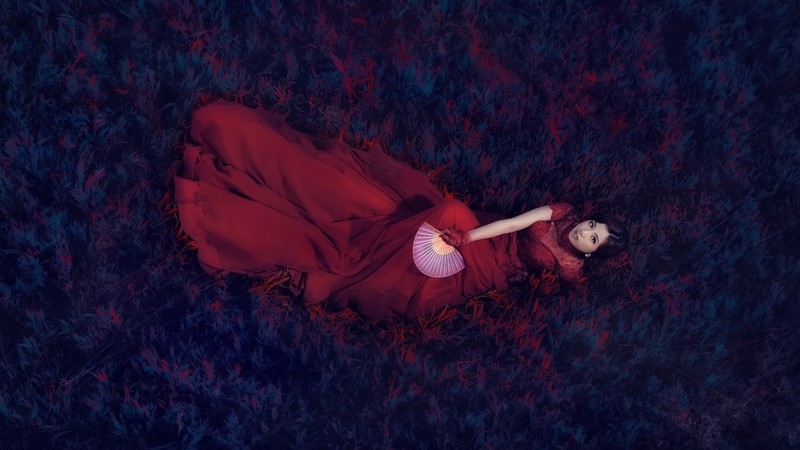 red, dress, model, woman, hand fan, girl, asian, fan, blue