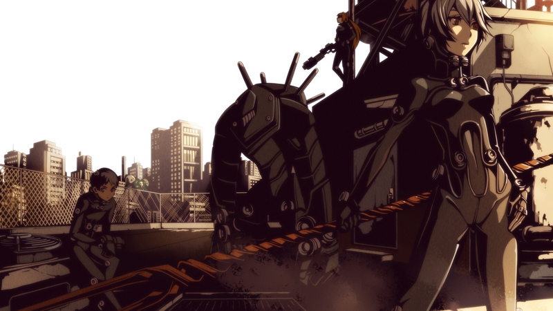 short hair anime, evangelion grantz crossover, anime, robots, anime warrior, beautiful girl