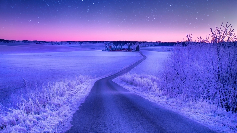 farm, stars, fields, evening, road, winter