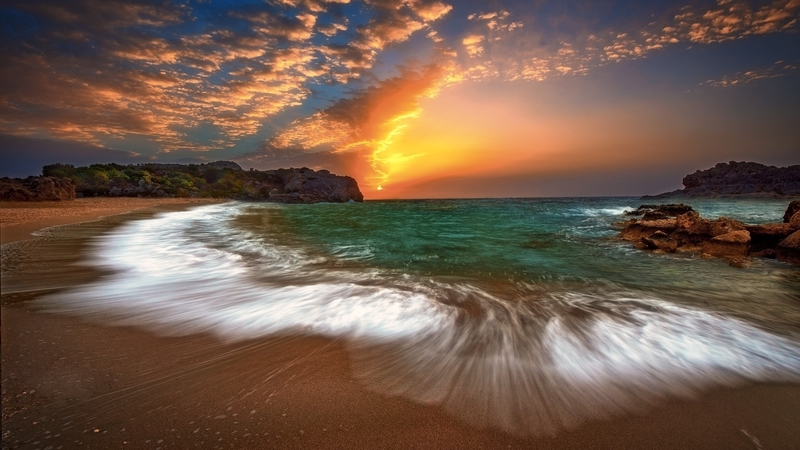beach, rocks, nature, sunset, clouds, sky