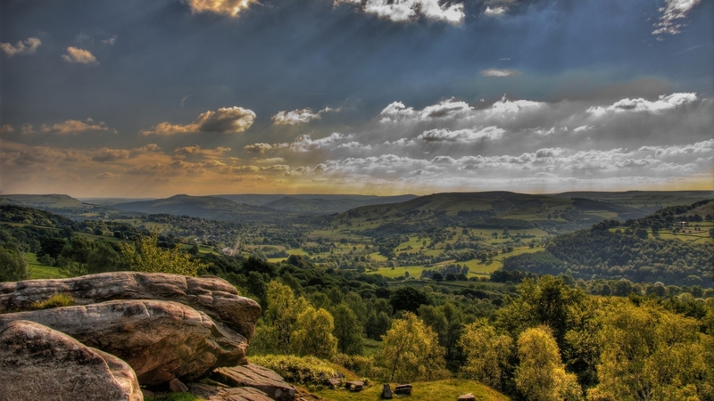 rocks, green, mountains, sun rays, hdr, trees, sky