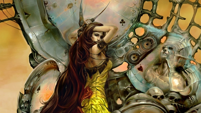 brunette, fantasy, skull, girl
