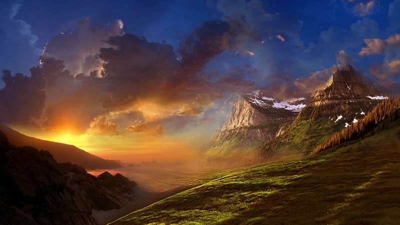 mountain, lovely, brightness, sunset, sky, ray, blue