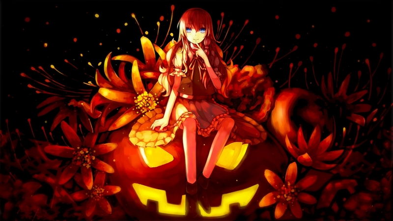 halloween, pumpkin, orange, girl, anime, manga, black