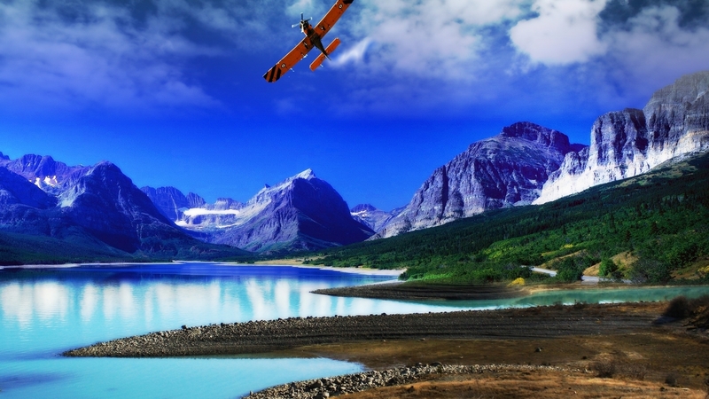 grass, beautiful, clouds, stones, green, beauty, blue, forest, colors, sky, trees, lake, water, plane, mountains, peaceful, nature, landscape