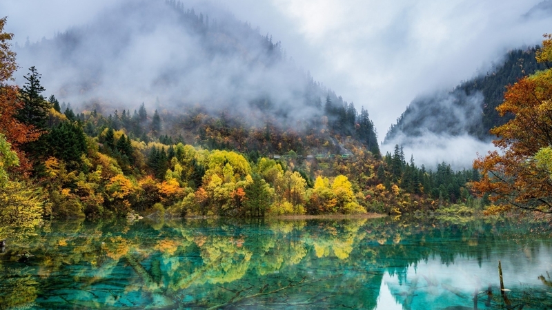 fall, mountains, lakes, fog, autumn, reflections, nature