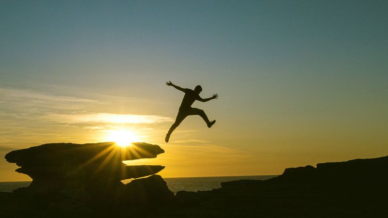 man, jump, rocks, sunset, 4k