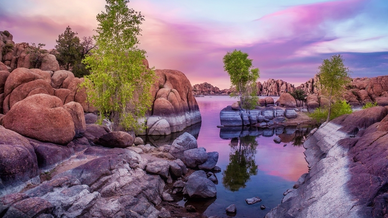 shapes, rocks, colors, beautiful, sunset, trees, sky, lake, stones, serenity, river, reflection