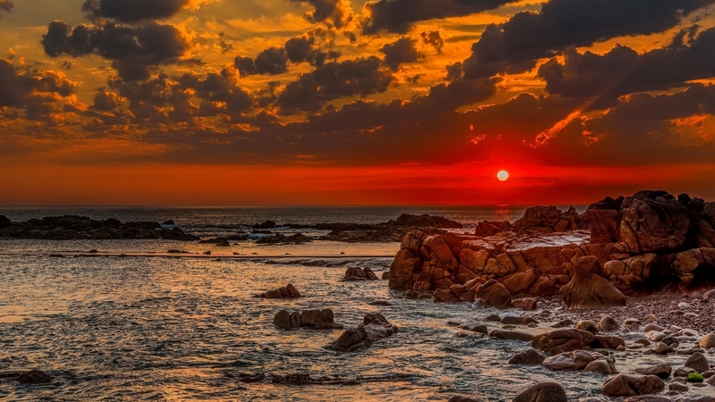 red, rocks, amazing, shore, ocean, beautiful, sunset, sky, sea, beach, stones, water, summer, sands