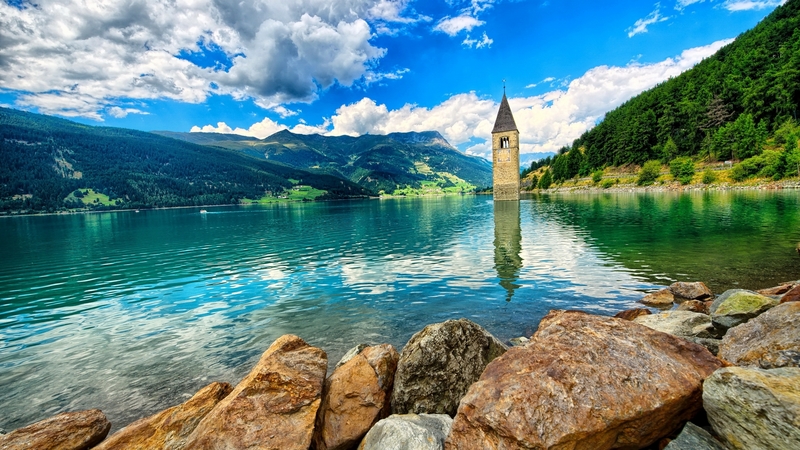 italy, beautiful, bell, sky, lake, mountain, serenity, tyrol, tower