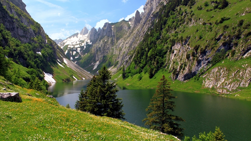 hills, rocks, grass, wildflower, beautiful, sky, lake, mountain, tranquil, cliffs, reflection
