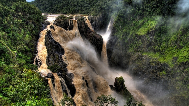 rocks, mud, beautiful, mountain, green, cliffs, jungle, waterfall, river, art, trees, abstract, water, mountains, plants, digital, nature, brown water