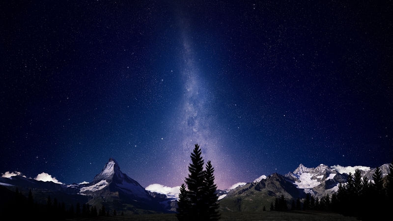 space, beautiful, alpine, mountain, beauty, blue, night, stars, amazing, photo, lovely, view, milkyway, sky, trees, panorama, tree, snow, mountains, peaceful, nature, landscape