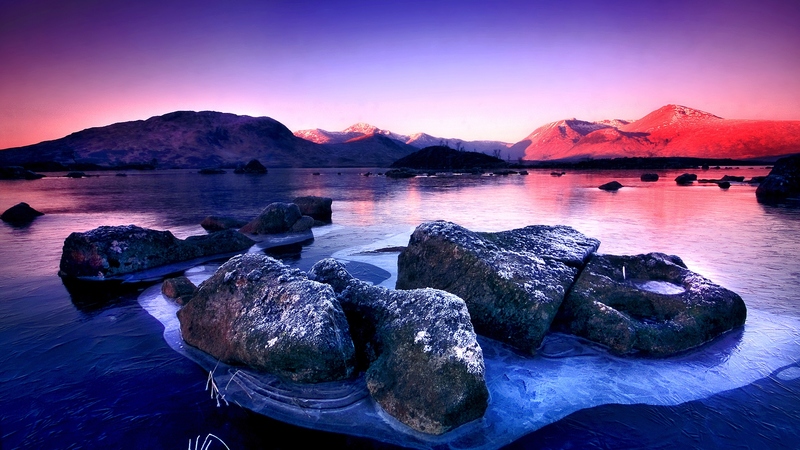 rocks, colorful, colors, sky, clouds, lake, winter, mountains, nature, sunrise, reflection, frozen, landscape