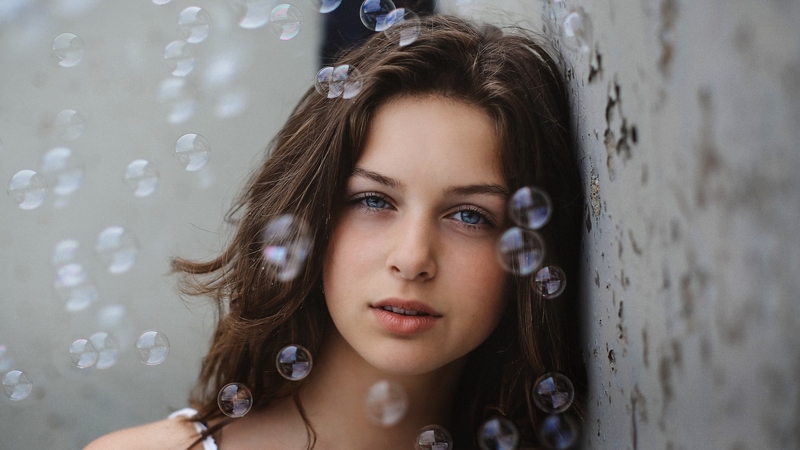 bubbles, face, model, woman