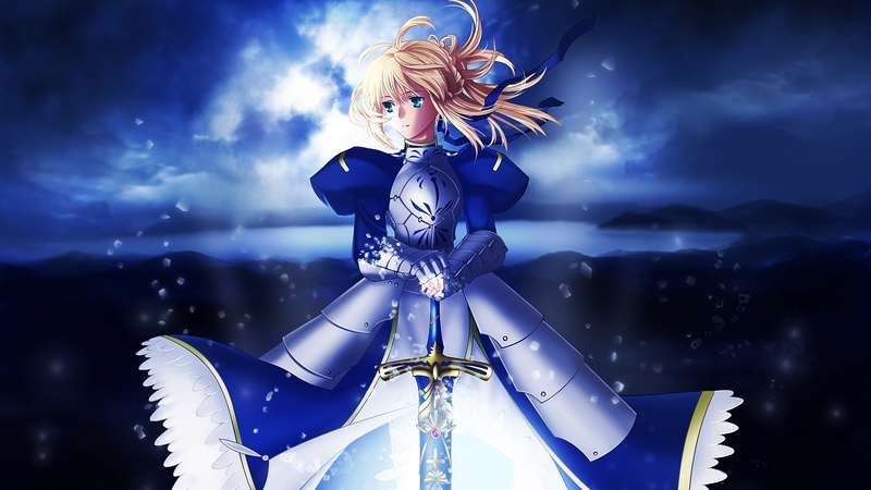 saber, fate, blonde, stay, armor, girl, green, blade, anime, weapon, eyes, sword, night, knight