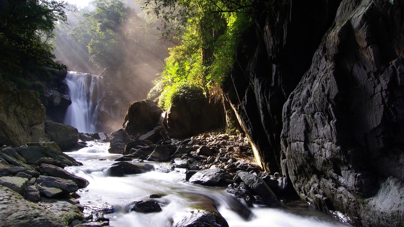 mountain, river, trees, sky, waterfalls